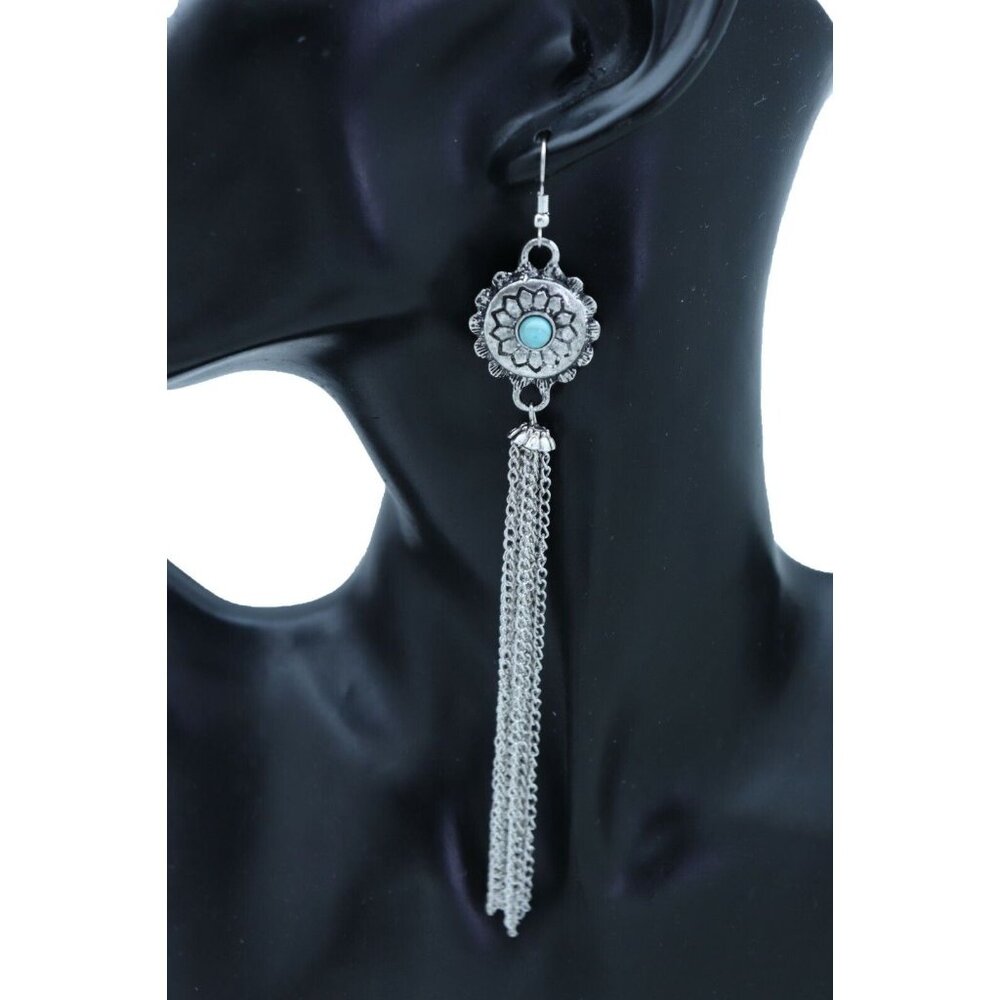 Women Earrings Set Long Silver Metal Tassel Chains Flower Charm Fashion Jewelry